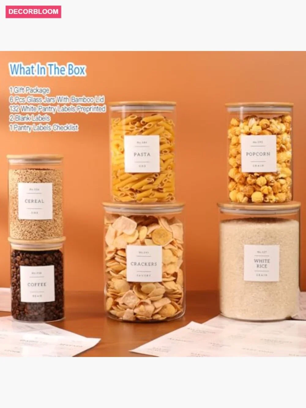 6-Pack Borosilicate Glass Storage Jars with Bamboo Lids & 132 Labels